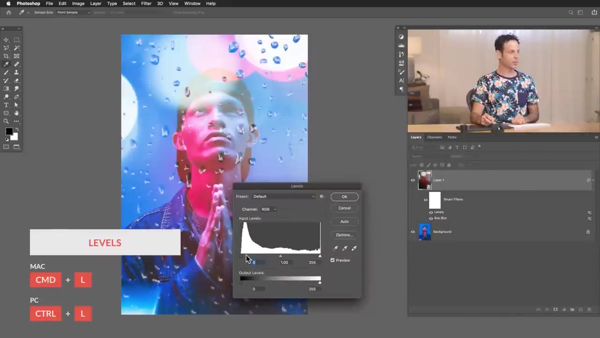 Levels dialog open with black point being pulled in on texture layer