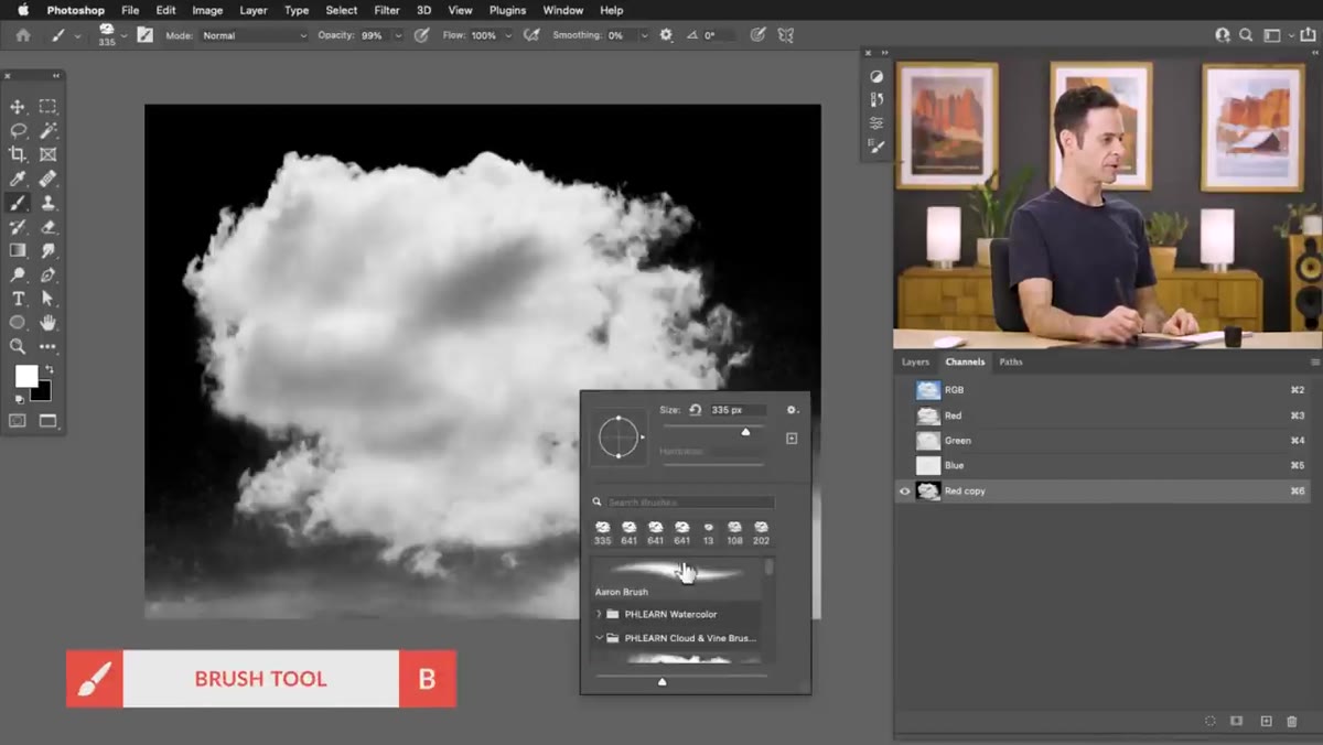 Brush in Overlay mode painting black around cloud edges