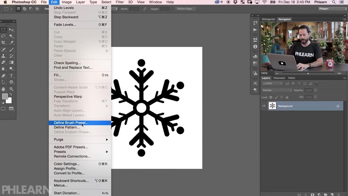 Define Brush Preset dialog with snowflake preview visible