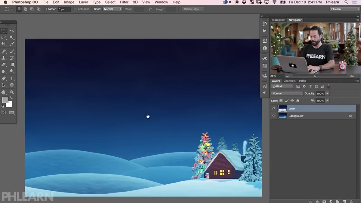 New document open with brush tool active and snowflake brush selected