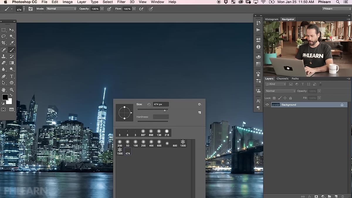 Brush Settings panel open showing Shape Dynamics and Scattering options