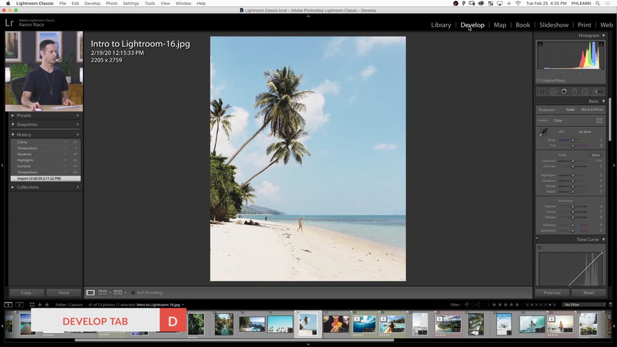Lightroom Develop module open with sample image loaded
