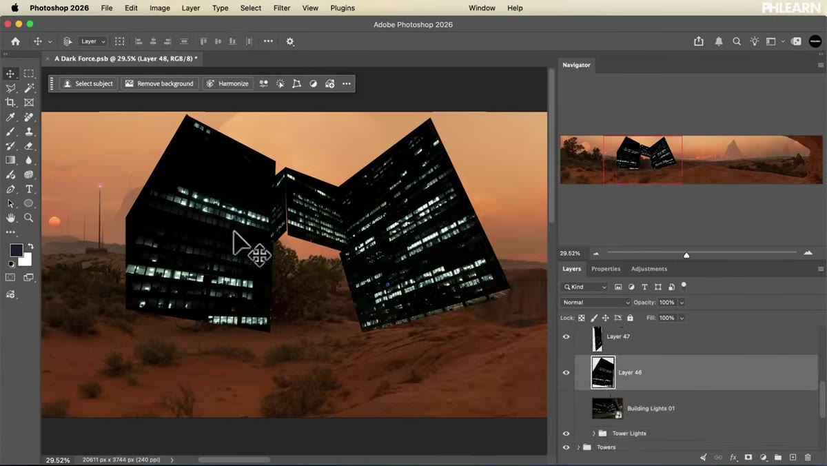 City night photographs being cut out and transformed into perspective