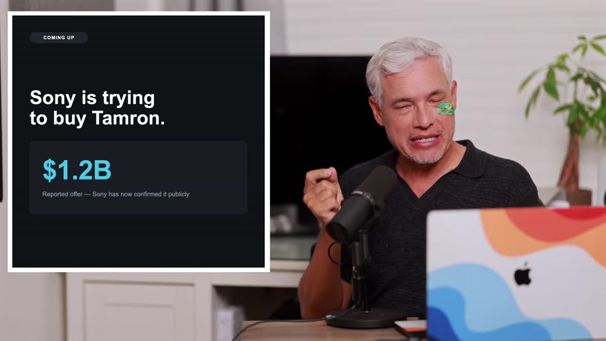 Sony and Tamron logos with acquisition news headline on screen