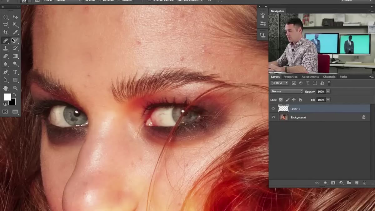 Healing brush tool active, sampling clean skin area on portrait