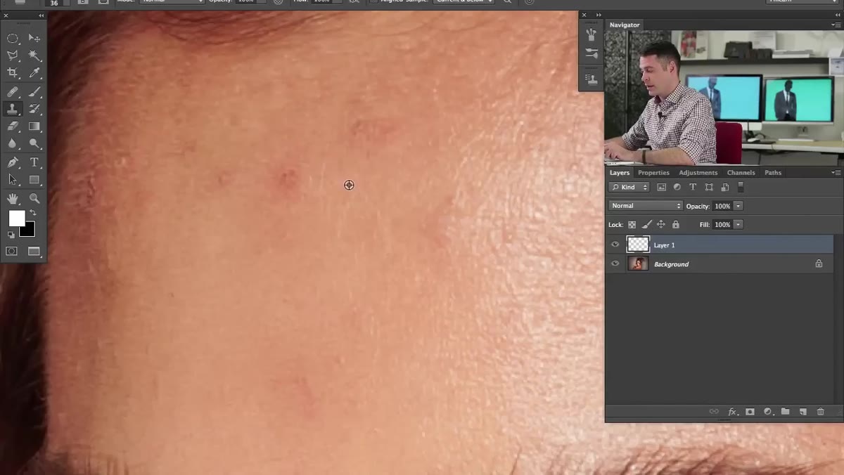 Clone stamp tool selected, sampling area with distinct texture
