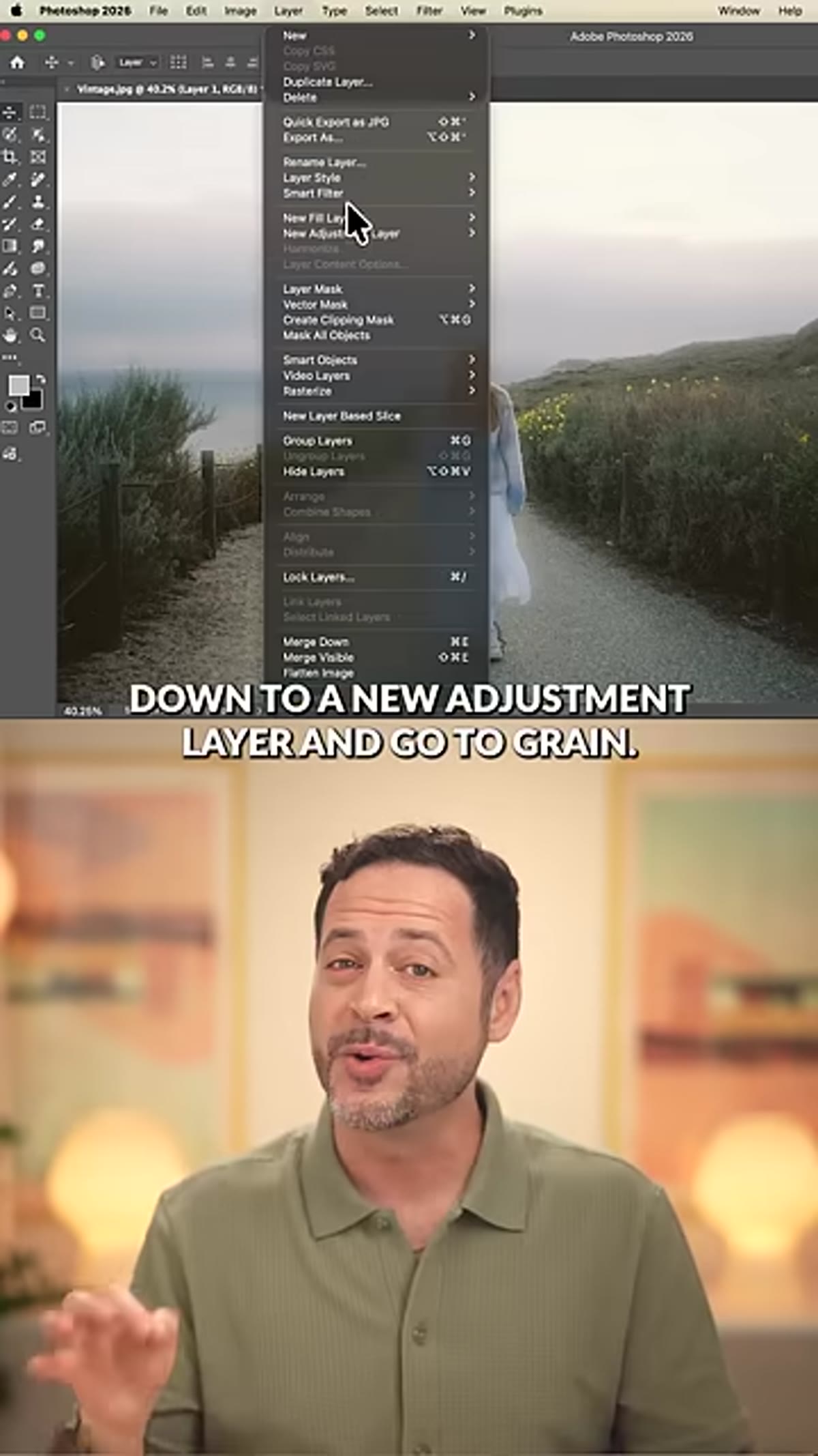 New Adjustment Layer menu showing Grain option