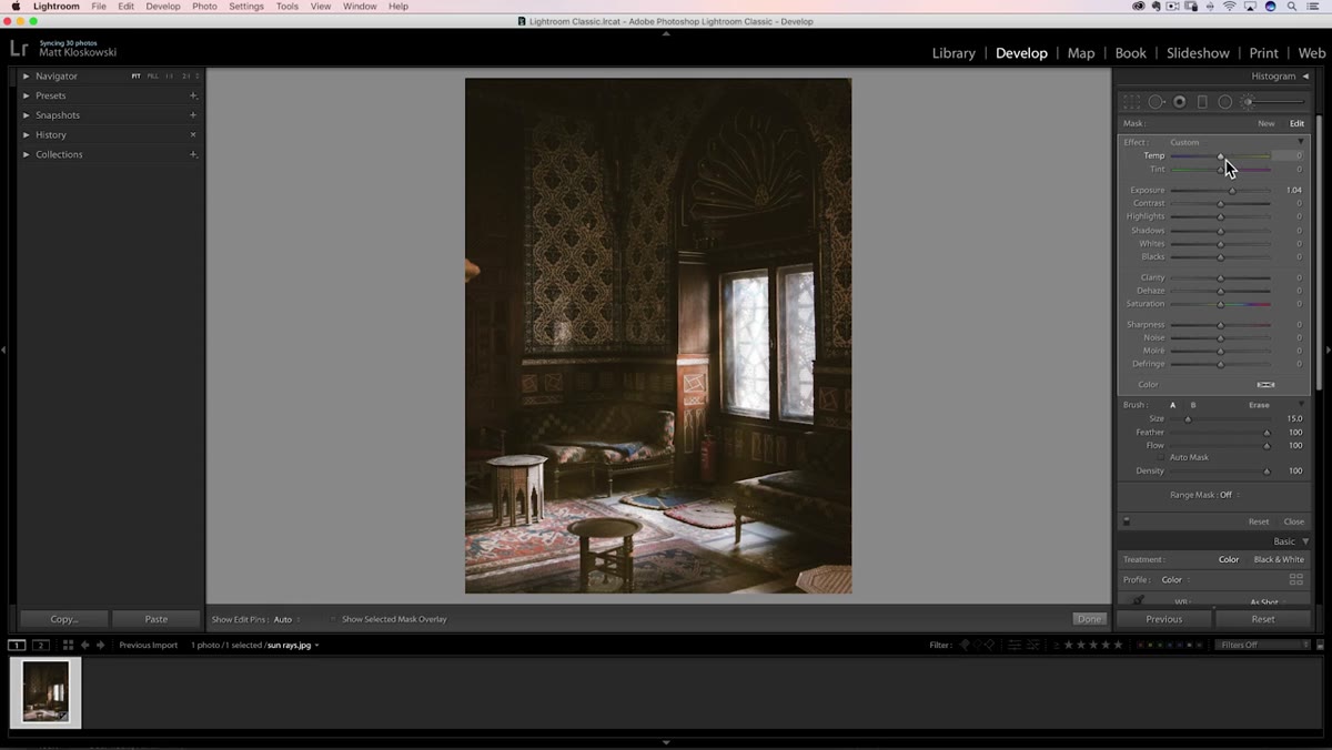Exposure reduced and temperature slider adjusted for warm light