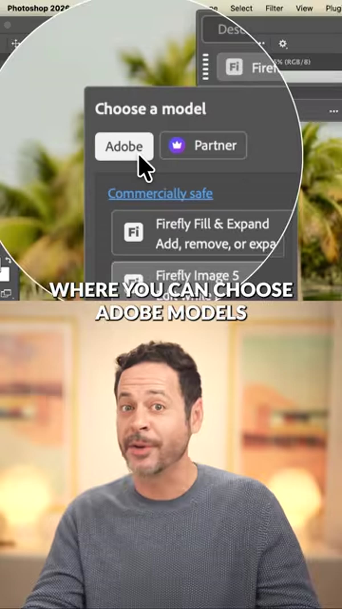 Model selector dropdown showing Adobe and partner model options