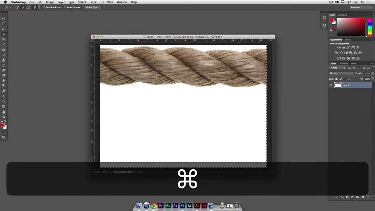 Free transform bounding box centered on rope image with guide visible