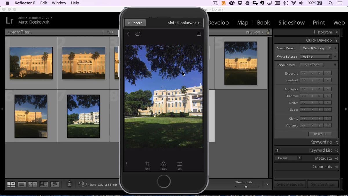 Three overlapping phone photos shown side by side in Lightroom