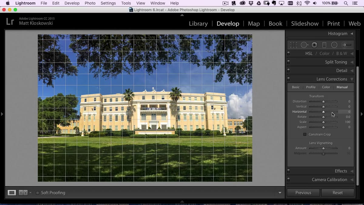 Lens Corrections panel with Profile Corrections enabled and Upright set to Auto