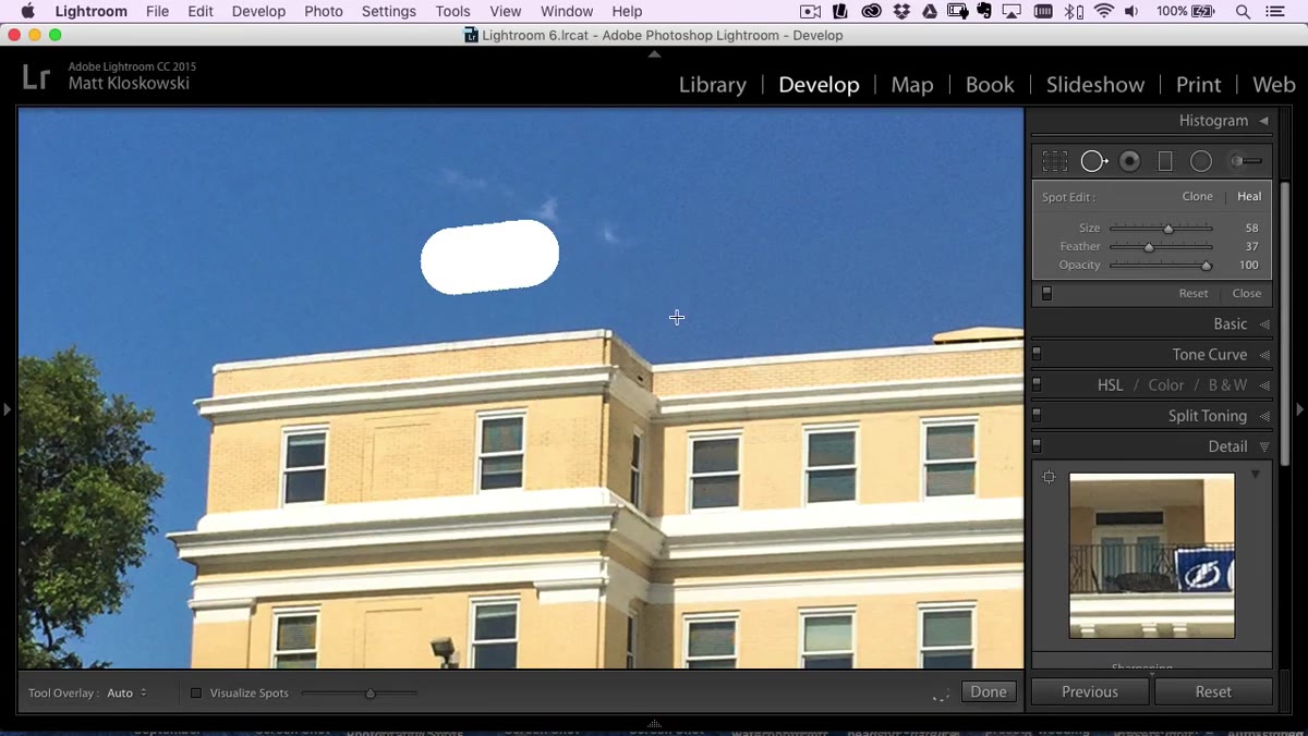 Spot healing brush removing small distractions in the zoomed-in view