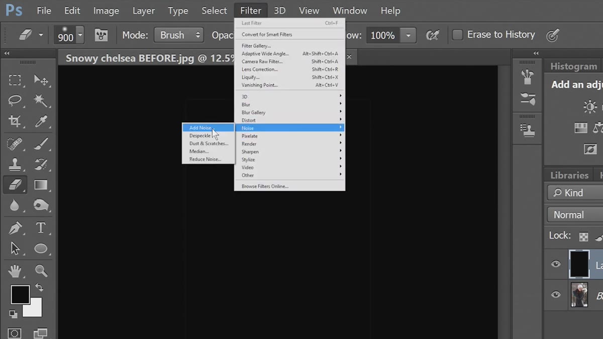 Add Noise dialog box with Gaussian and Monochromatic options