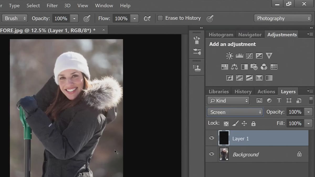 Layer blend mode changed to Screen, snow visible over image