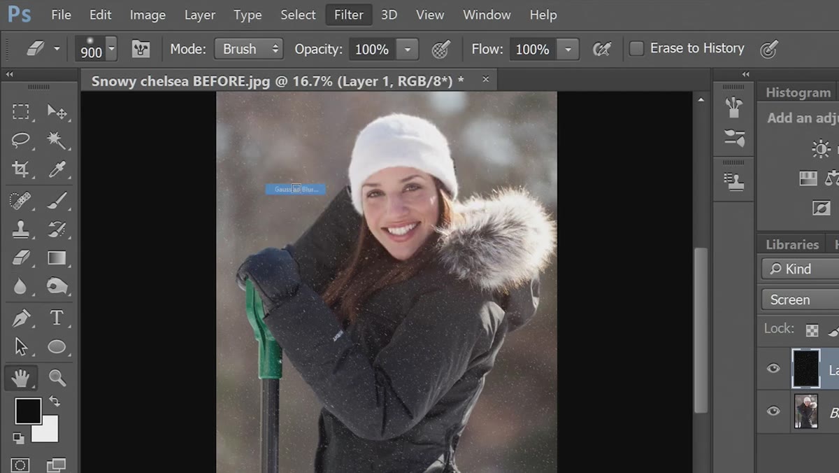Gaussian Blur dialog applied to snow layer