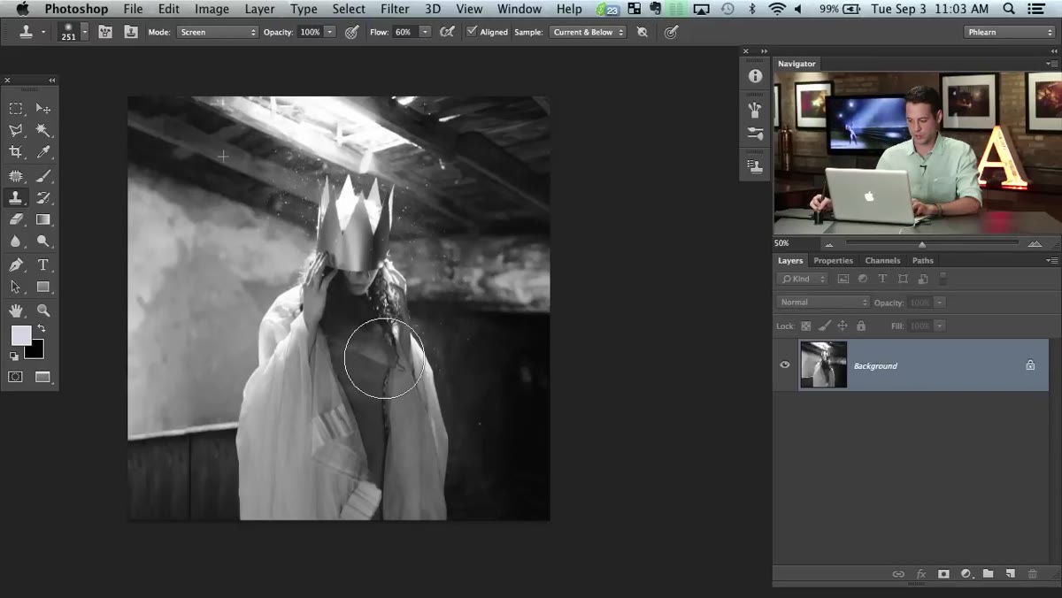 Clone Stamp tool active with blending mode set to Screen
