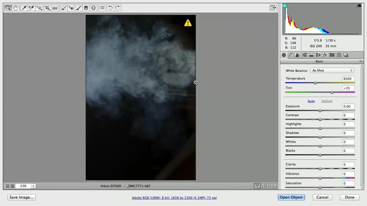 Smoke photograph open in Camera Raw with settings panel visible