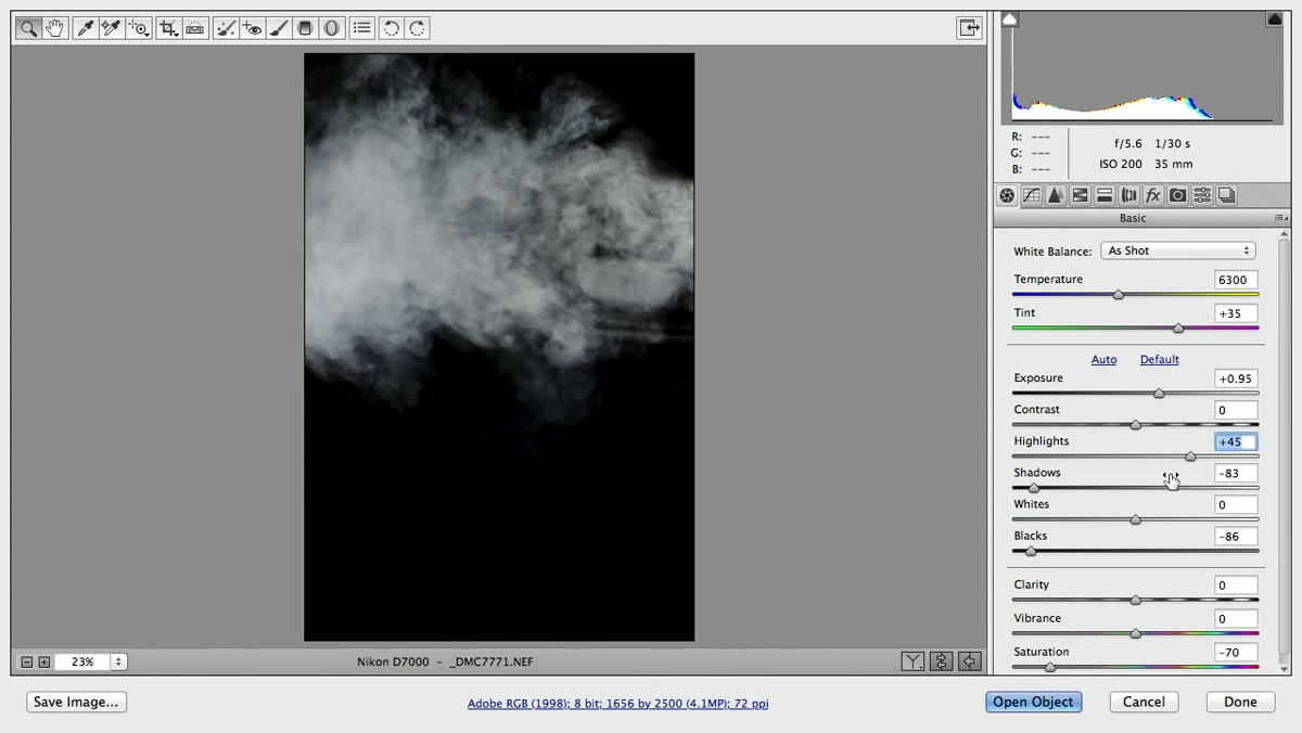 Camera Raw highlights slider being pushed up on smoke image