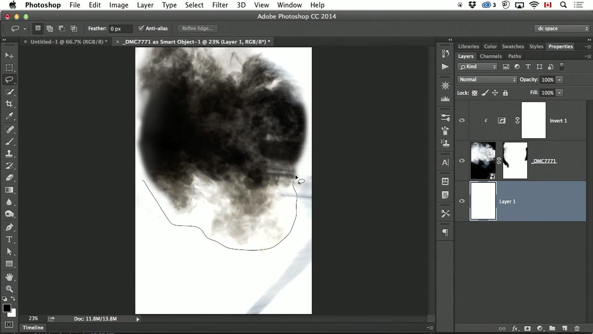 Lasso selection drawn around smoke area before defining brush preset