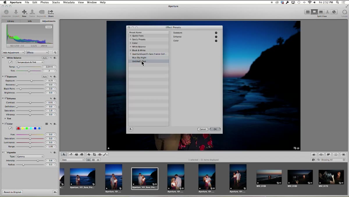 Edit Effects panel open with option to create a new preset group