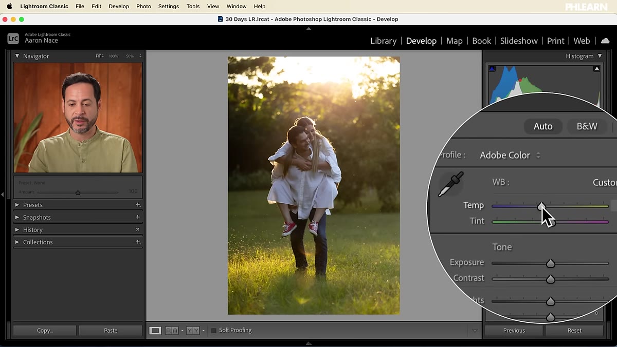 Basic panel open with Temperature, Shadows, and Vibrance sliders adjusted