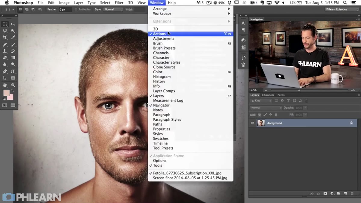 Window menu open with Actions panel option highlighted