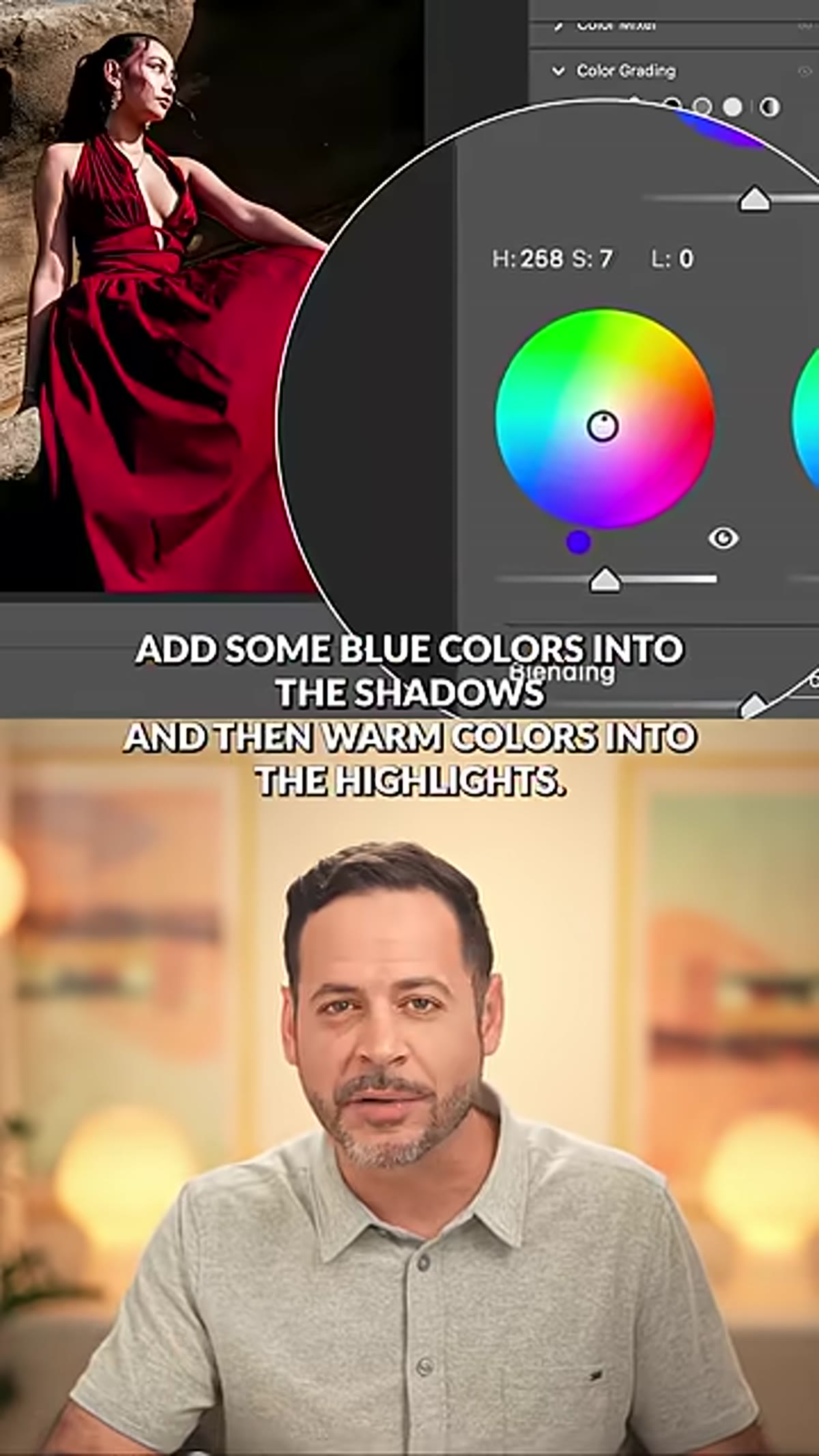 Camera Raw Color Grading panel showing shadow and highlight wheels