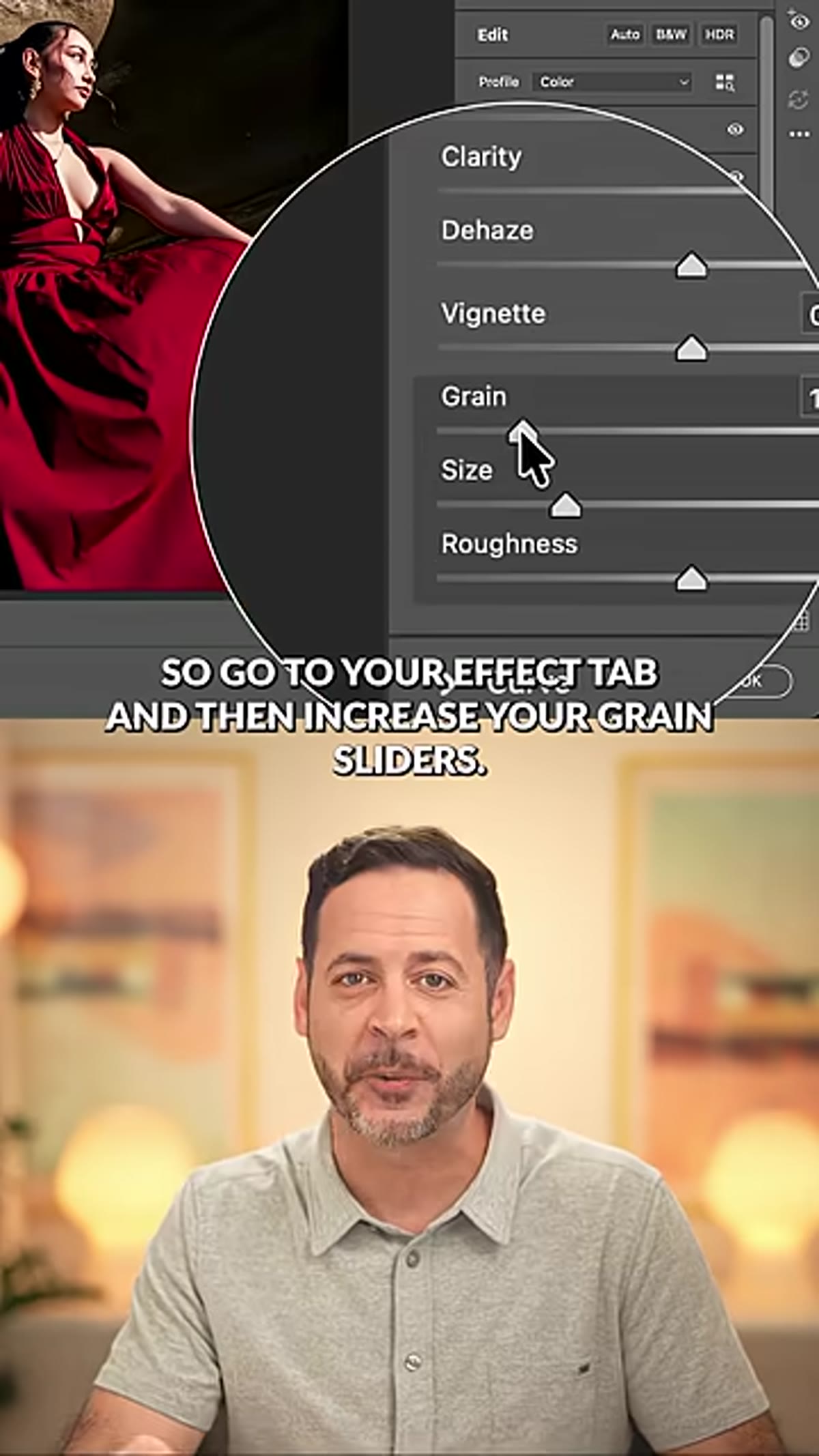 Camera Raw Effects panel with Grain sliders increased