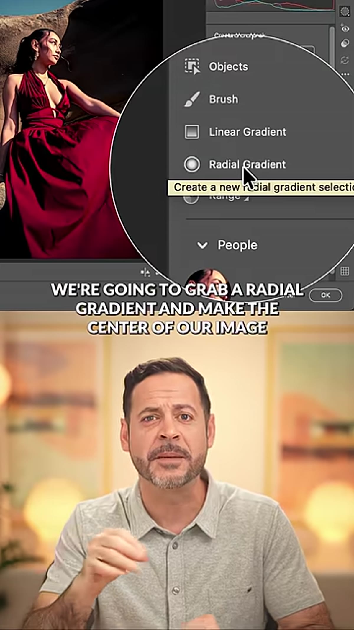 Camera Raw Masking panel with Radial Gradient placed over center of image