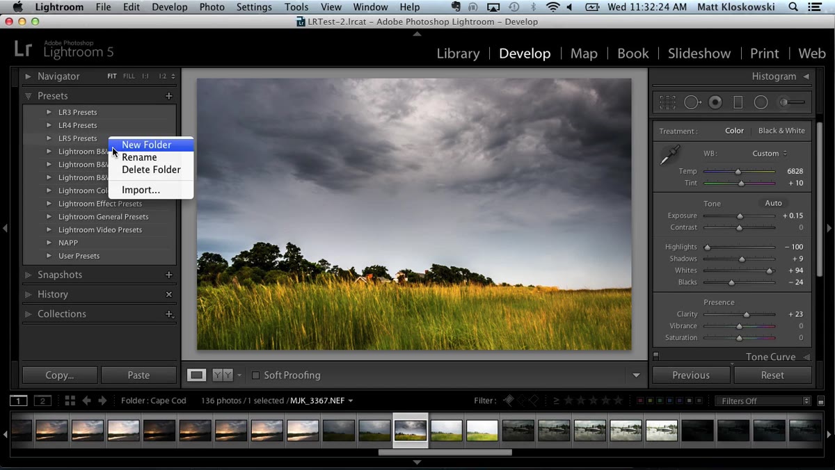 Right-click menu open on a preset folder in the Presets panel