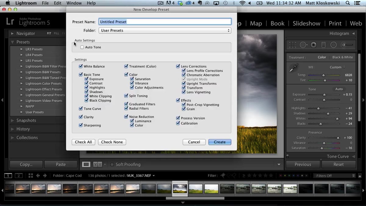 Preset save dialog showing folder list and new folder option
