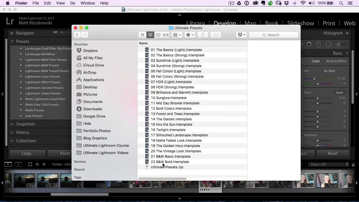 Zip file and extracted LR template files on desktop