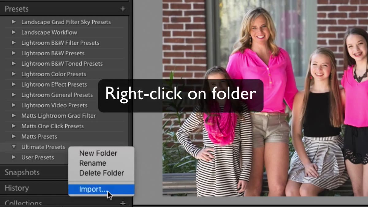 Right-click on preset folder showing Import option