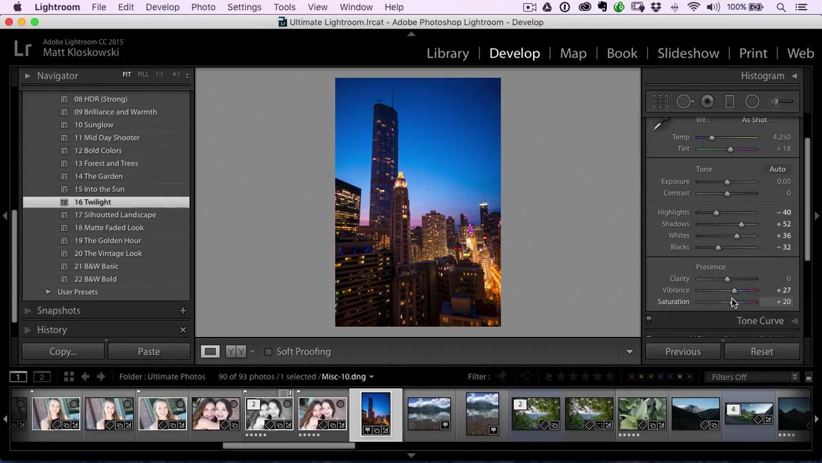 Develop panel sliders visible after preset applied