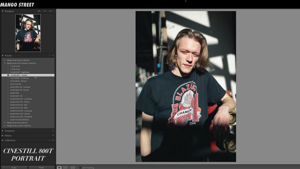 CineStill 800T portrait preset applied to a low-light portrait