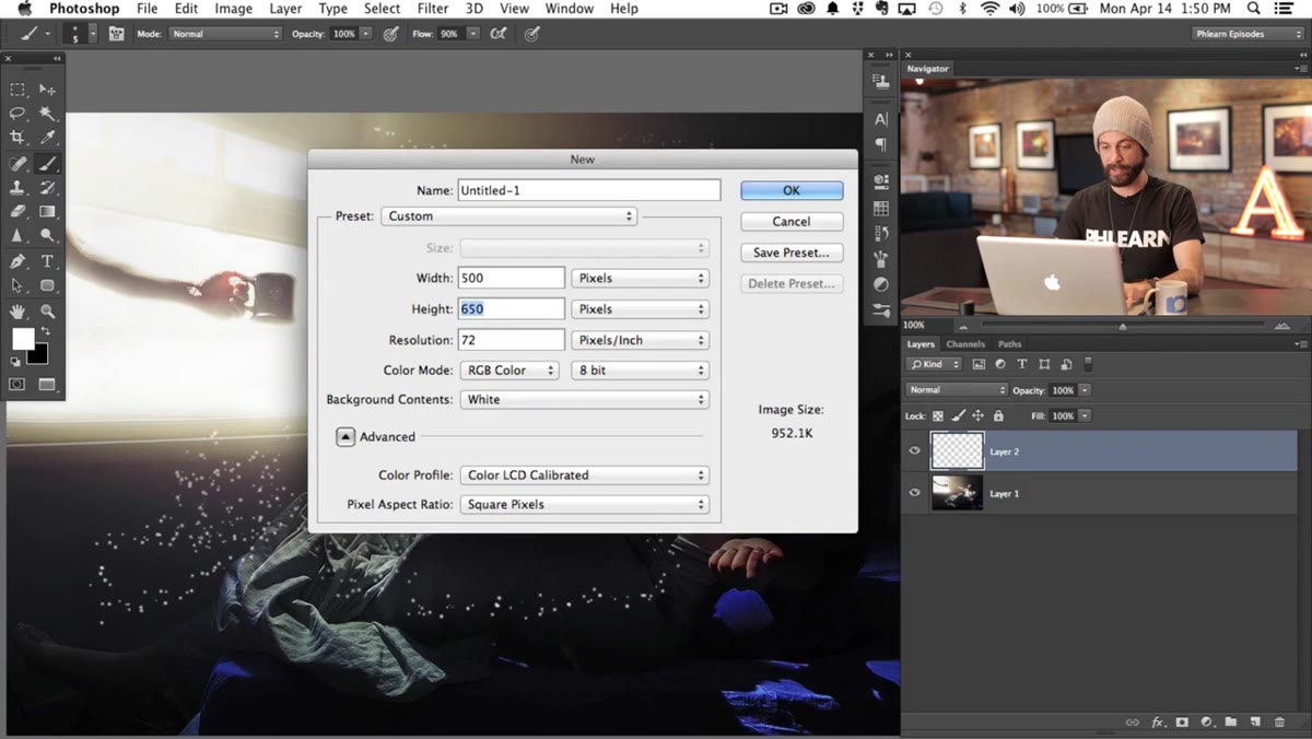 New Document dialog with 500x500 pixel dimensions entered