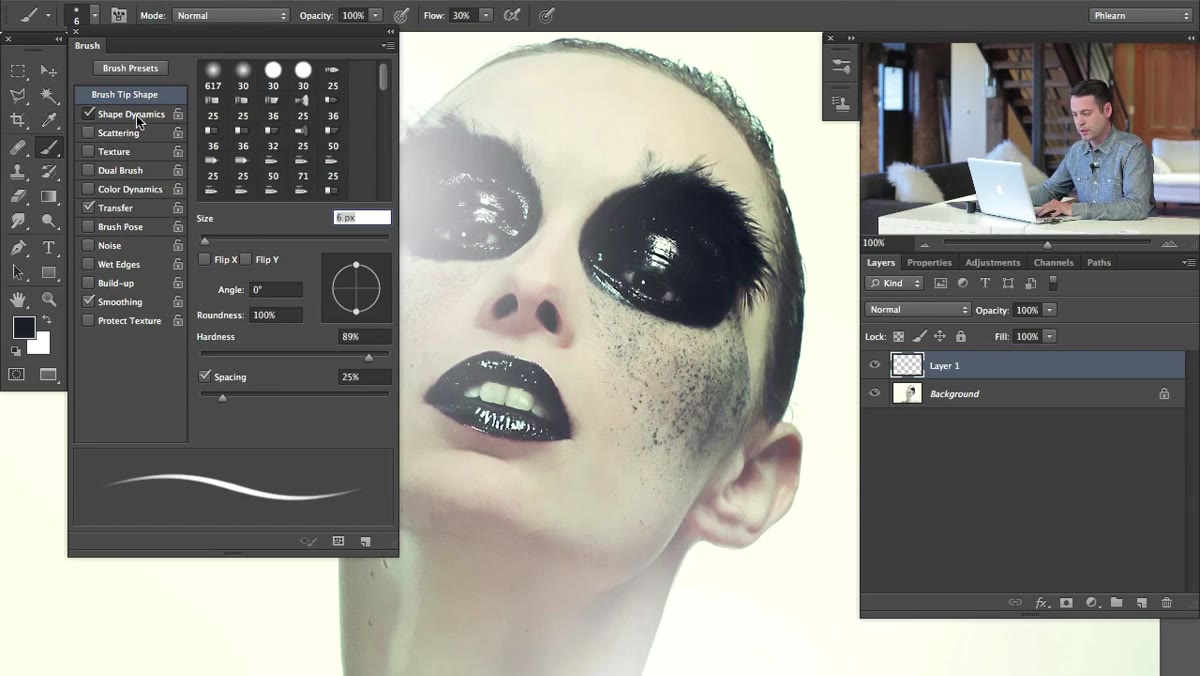 Custom brush being painted across the portrait in Photoshop