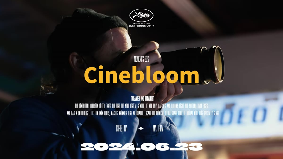 Camera with cine bloom filter mounted on lens