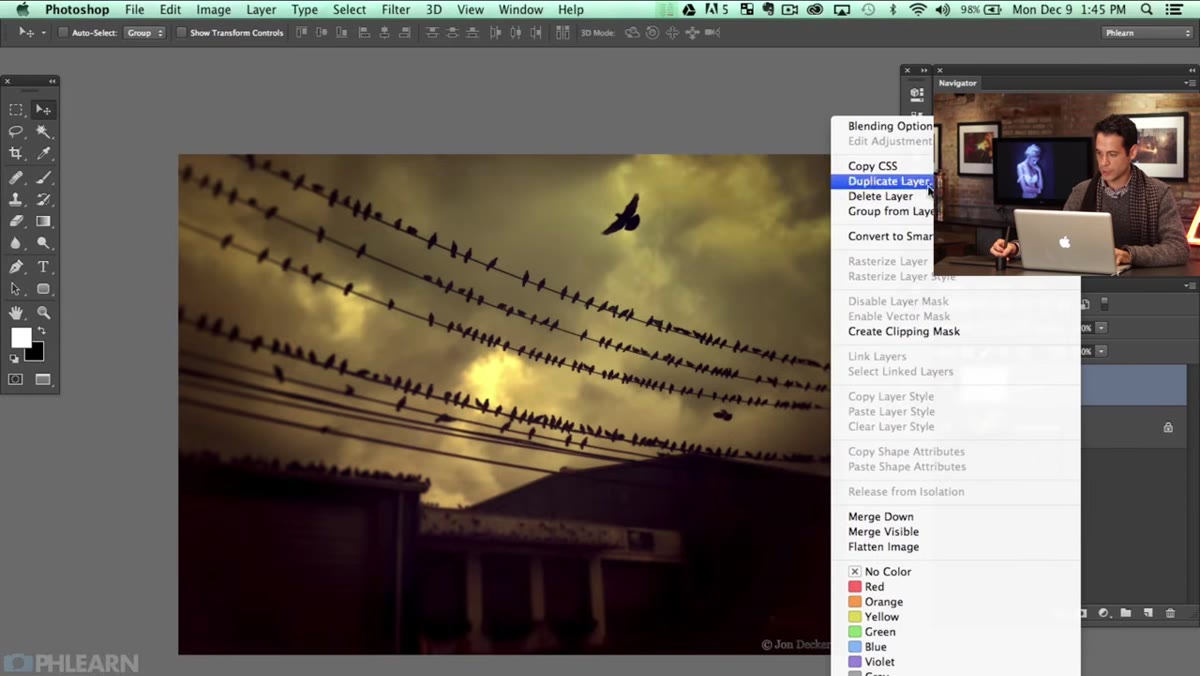 Right-click layer menu showing Duplicate Layer dialog with New destination