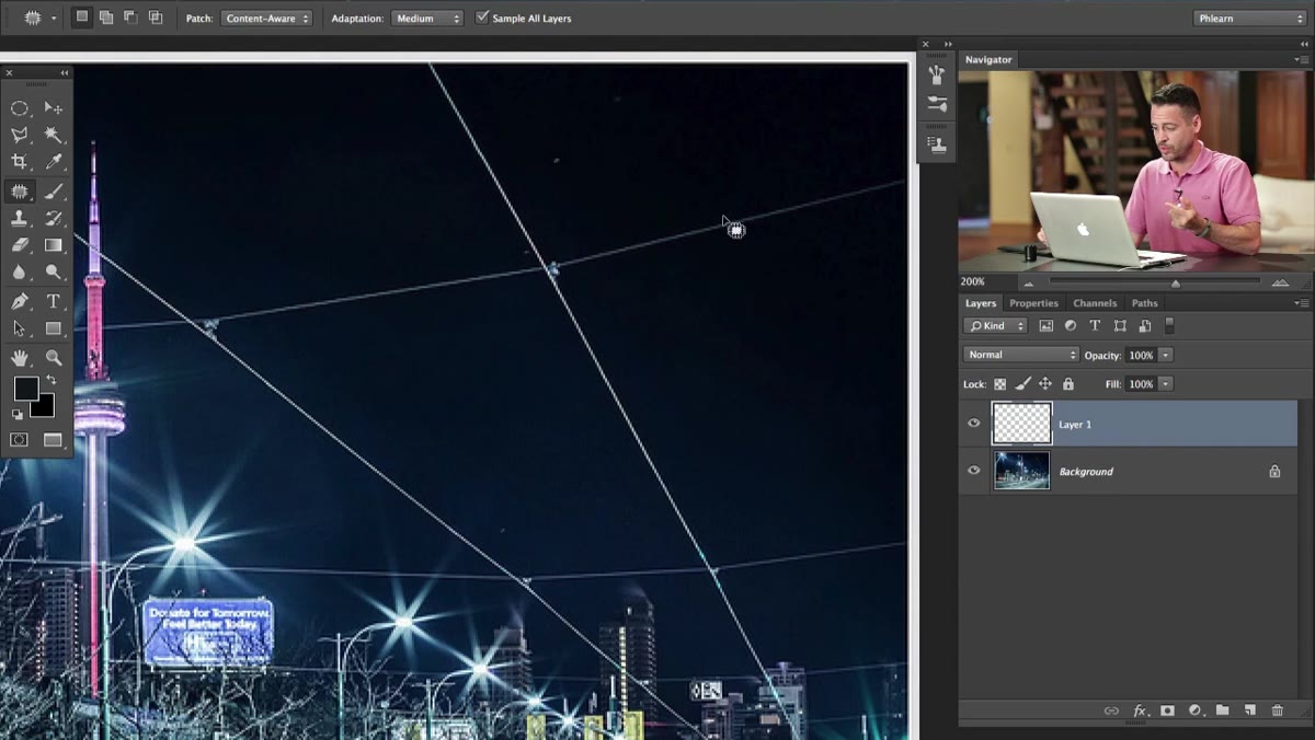 Lasso-style selection drawn around a horizontal power line