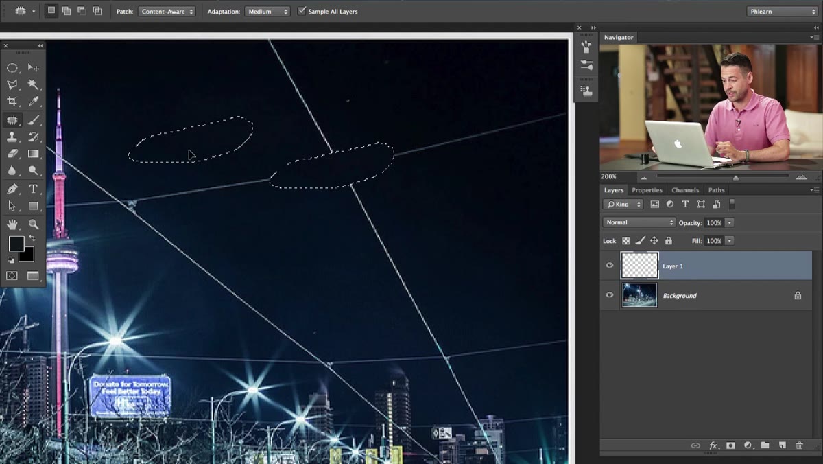 Selection being dragged from power line toward clean sky area