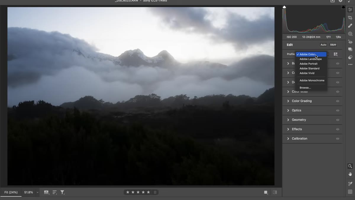 Color profile dropdown open, Landscape option highlighted