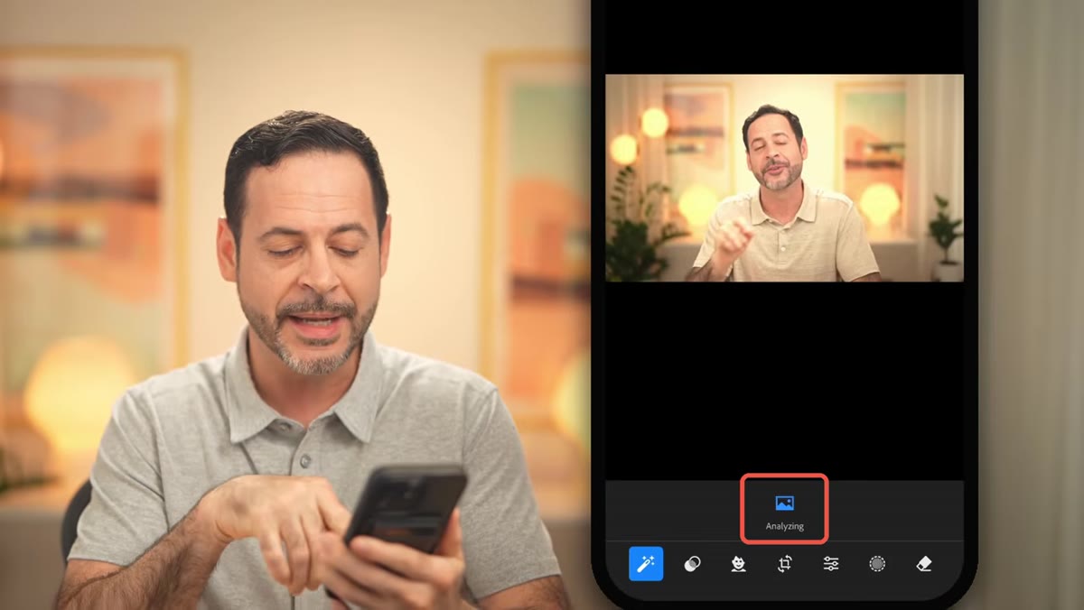 Lightroom analyzing photo, Open Eyes icon appearing at bottom of screen
