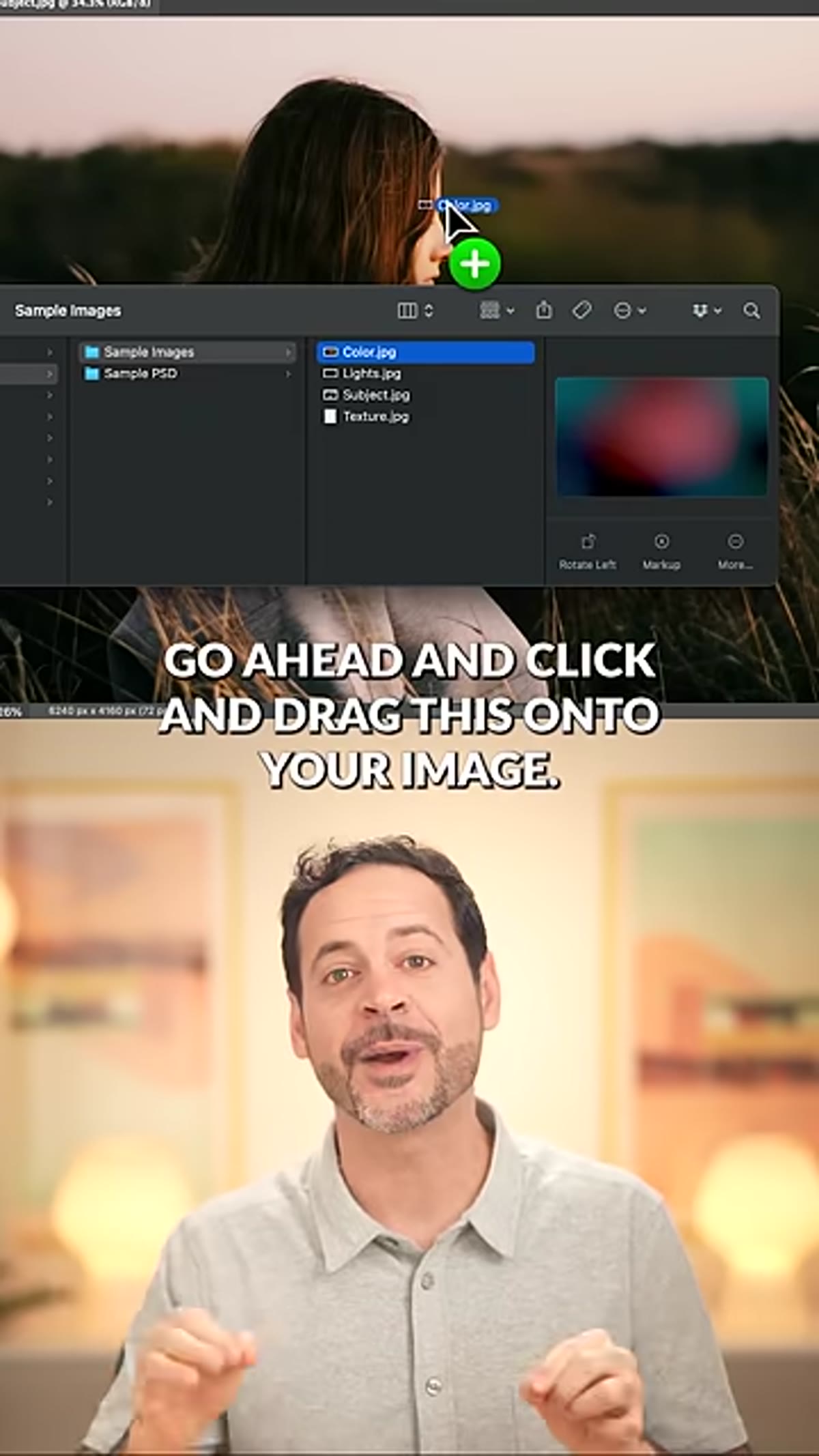 Color texture being dragged onto the image in Photoshop