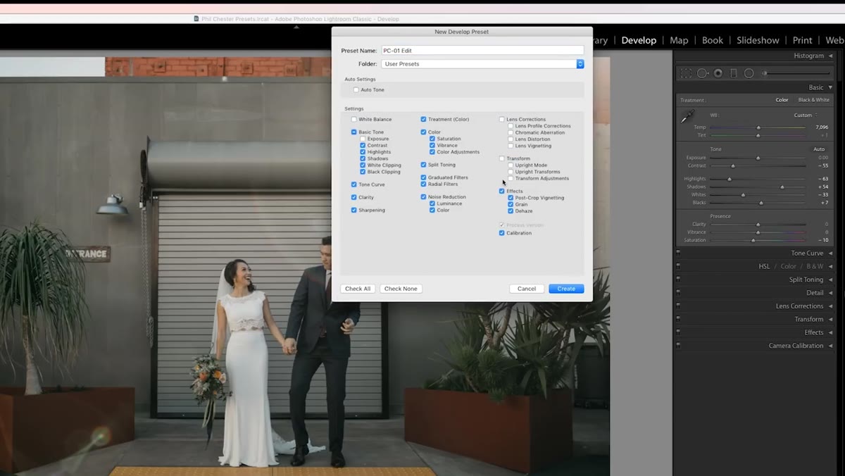 New preset dialog box open in Lightroom preset panel