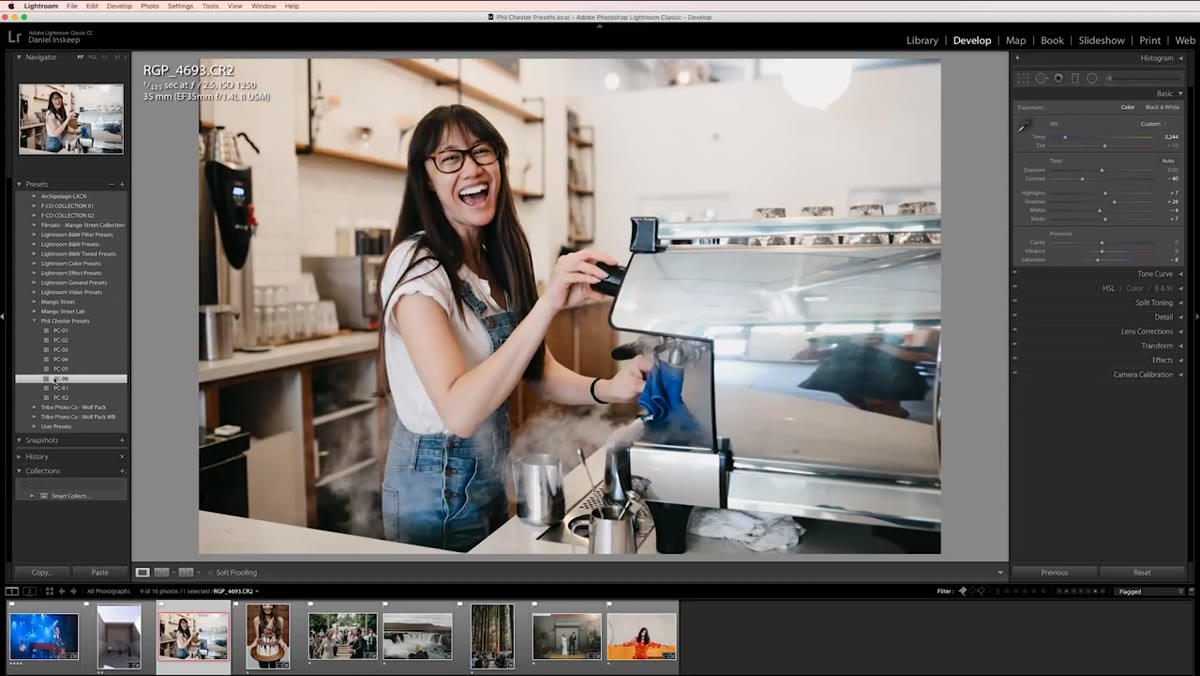 PCO6 preset applied with exposure adjustment in Lightroom