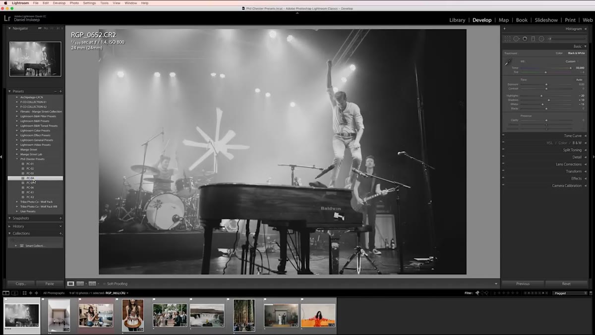 Dehaze slider adjusted on black-and-white preset in Lightroom
