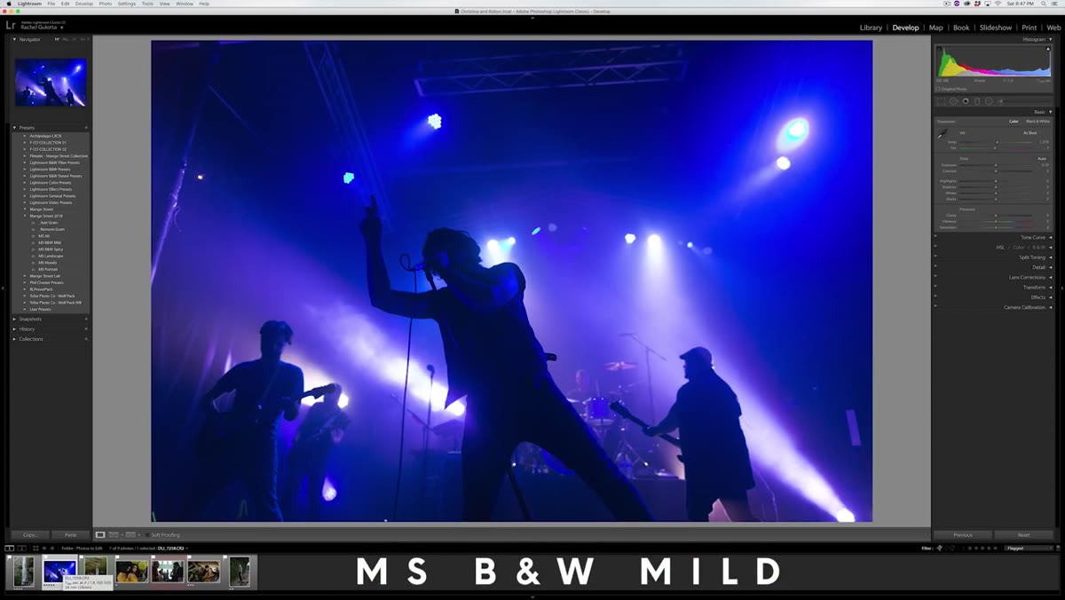 Black and white mild preset showing grain and reduced white point