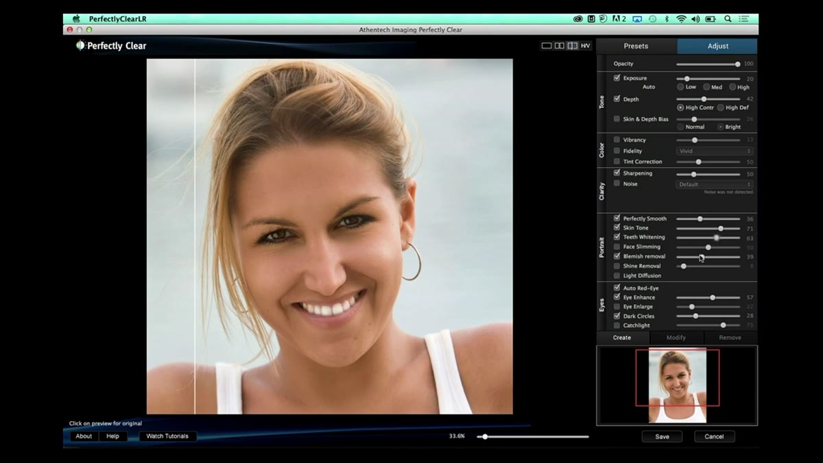 Under-eye slider being adjusted with visible result on portrait